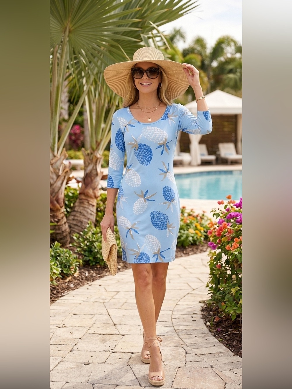 Persifor XS Blue Pineapple Print Sheath Dress 3/4 Sleeve